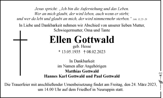 Traueranzeige von Ellen Gottwald von Tageszeitung