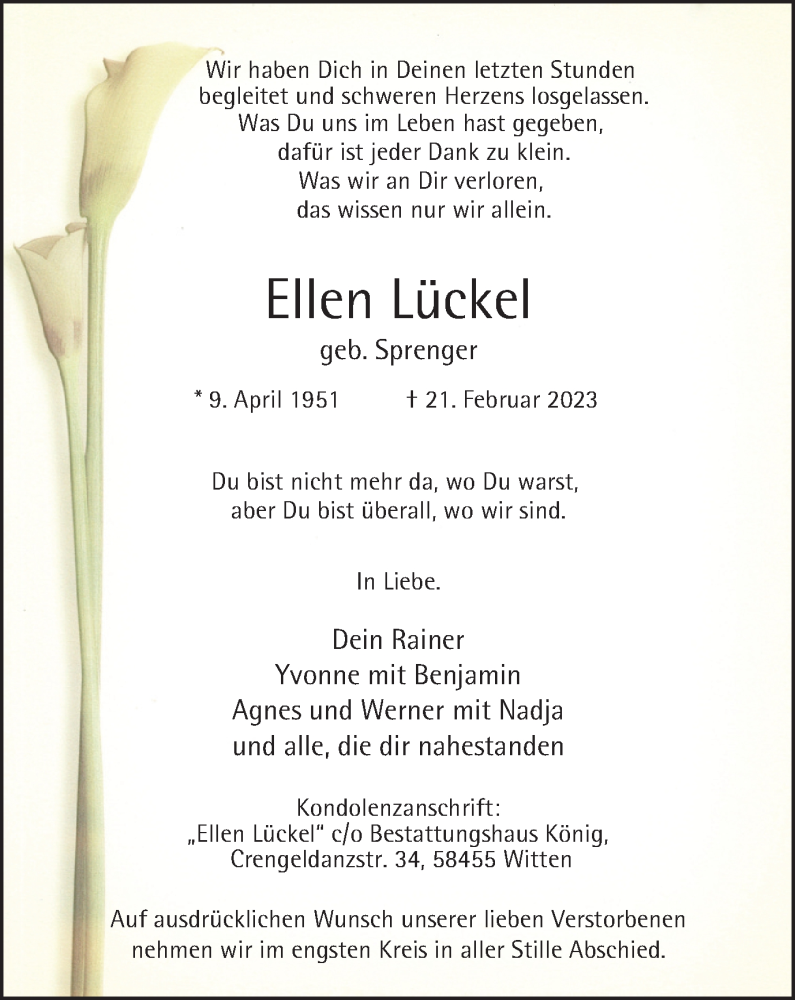  Traueranzeige für Ellen Lückel vom 04.03.2023 aus Tageszeitung