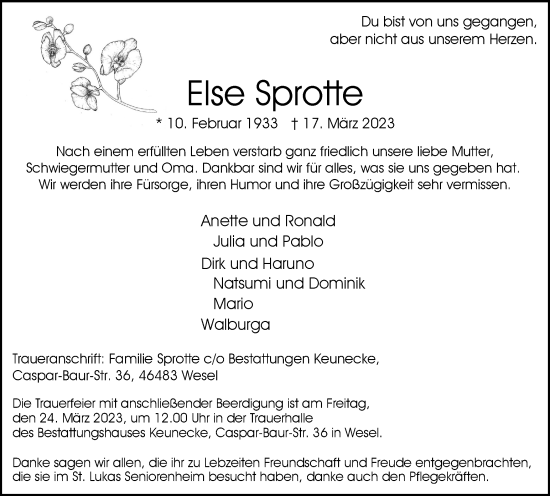 Traueranzeige von Else Sprotte von Tageszeitung