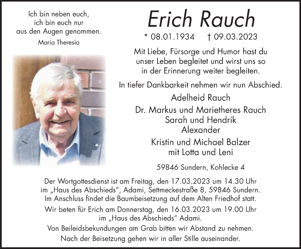  Traueranzeige für Erich Rauch vom 11.03.2023 aus Tageszeitung