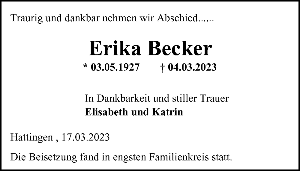  Traueranzeige für Erika Becker vom 30.03.2023 aus Tageszeitung