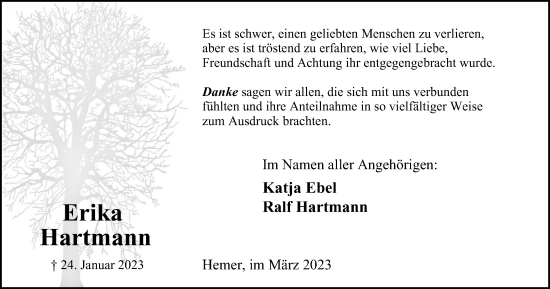 Traueranzeige von Erika Hartmann von Tageszeitung