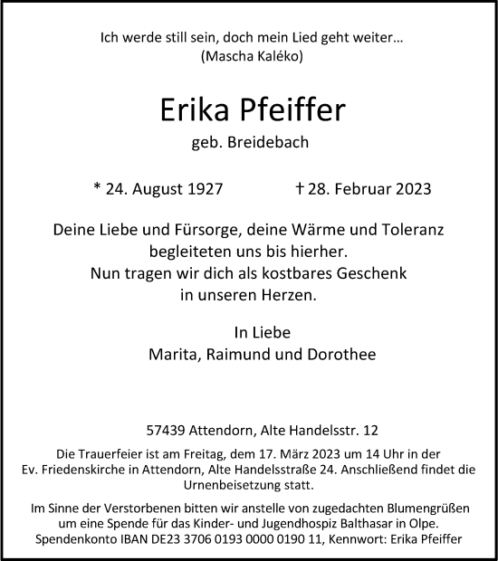 Traueranzeige von Erika Pfeiffer von Tageszeitung