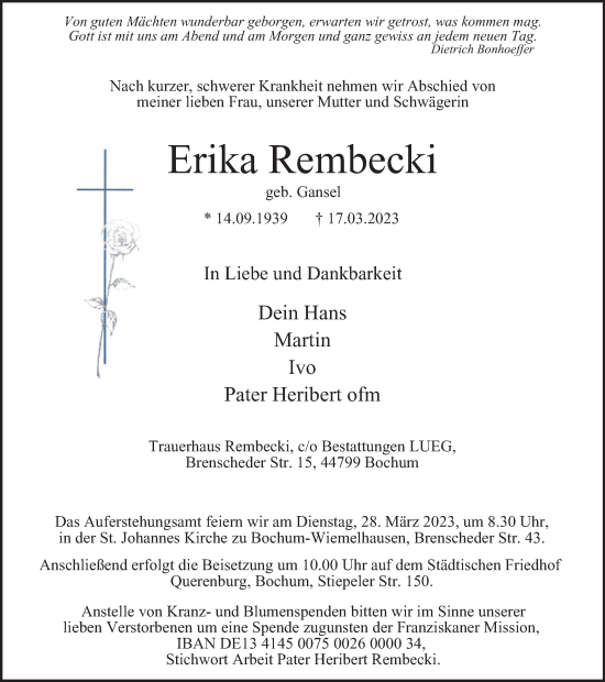 Traueranzeige von Erika Rembecki von Tageszeitung