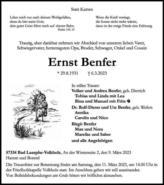 Traueranzeige von Ernst Benfer von Tageszeitung