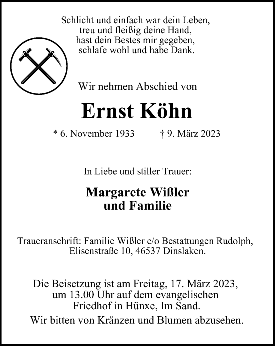 Traueranzeige von Ernst Köhn von Tageszeitung