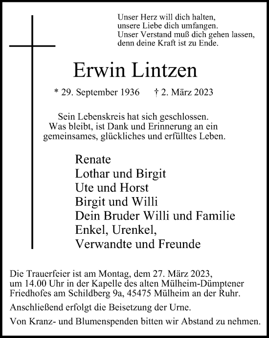 Traueranzeige von Erwin Lintzen von WVW Anzeigenblätter