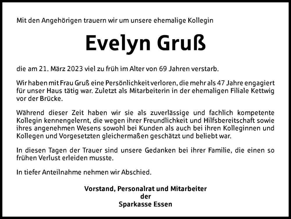  Traueranzeige für Evelyn Gruß vom 25.03.2023 aus Tageszeitung
