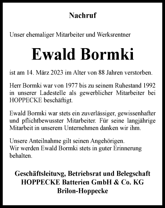 Traueranzeige von Ewald Bormki von Tageszeitung
