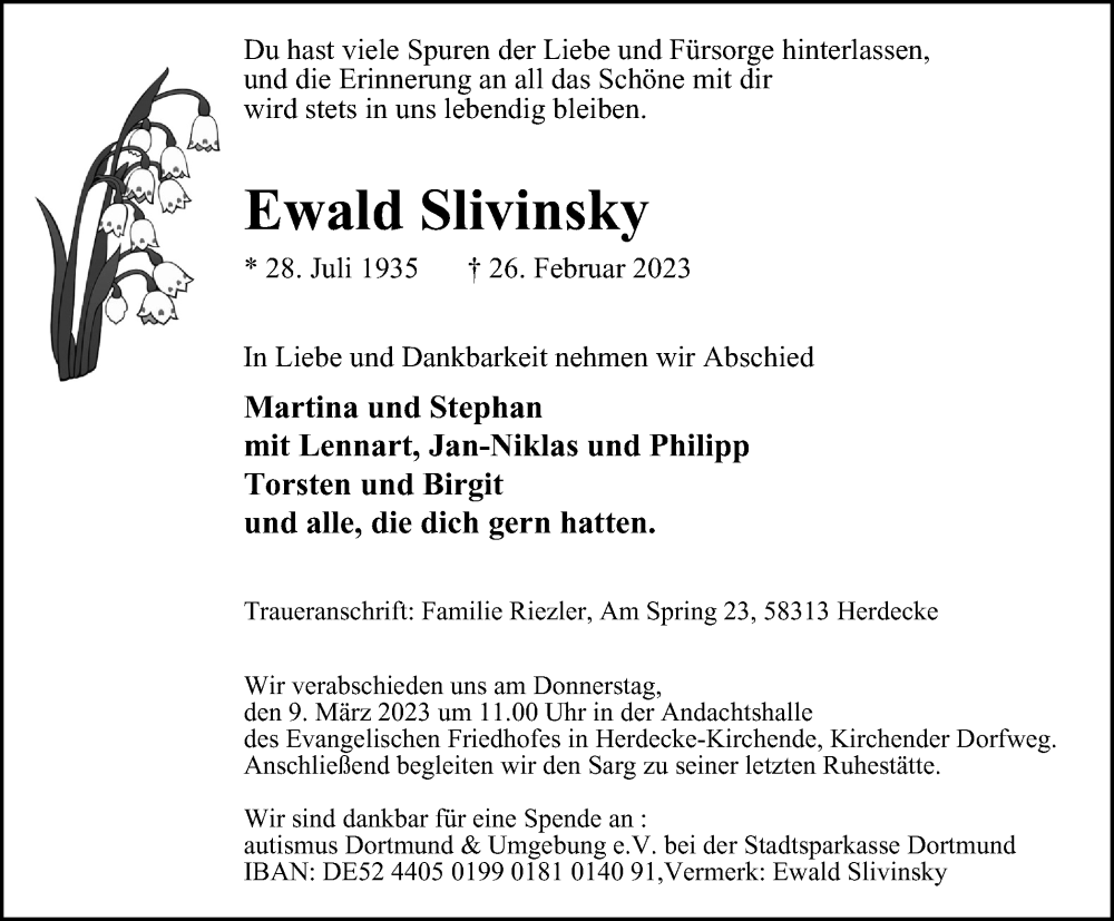  Traueranzeige für Ewald Slivinsky vom 04.03.2023 aus Tageszeitung