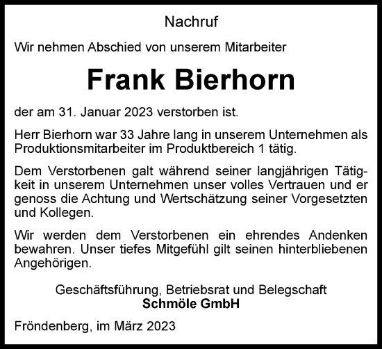 Traueranzeige von Frank Bierhorn von Tageszeitung