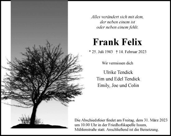 Traueranzeige von Frank Felix von Tageszeitung