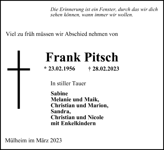 Traueranzeige von Frank Pitsch von WVW Anzeigenblätter