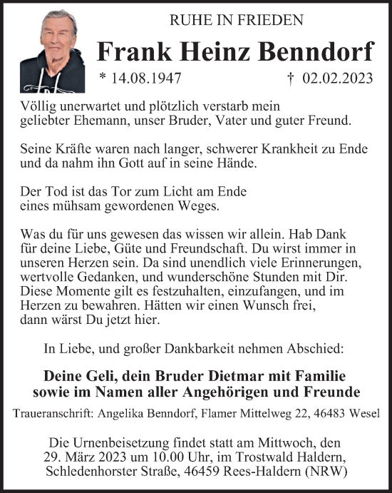 Traueranzeige von Frank Heinz Benndorf von WVW Anzeigenblätter