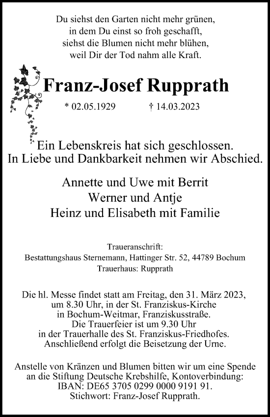 Traueranzeige von Franz-Josef Rupprath von Tageszeitung