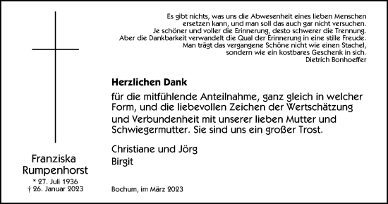 Traueranzeige von Franziska Rumpenhorst von Tageszeitung