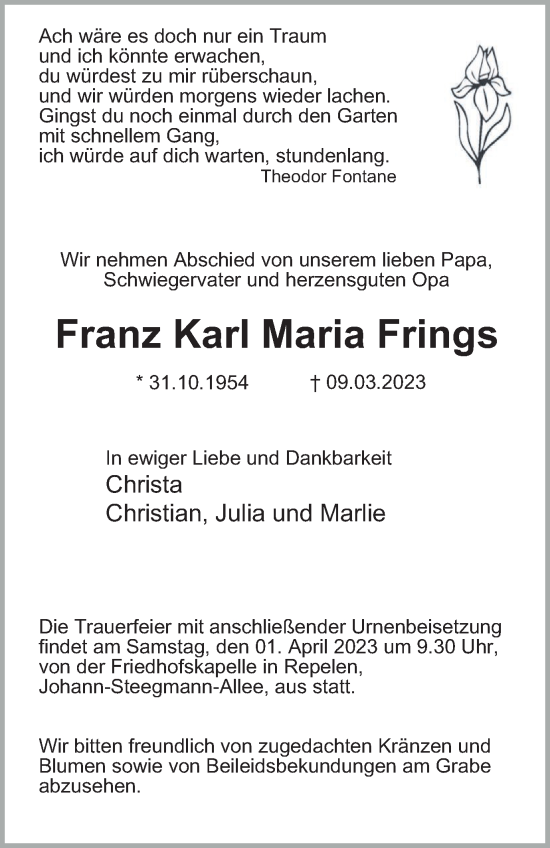 Traueranzeige von Franz Karl Maria Frings von Tageszeitung