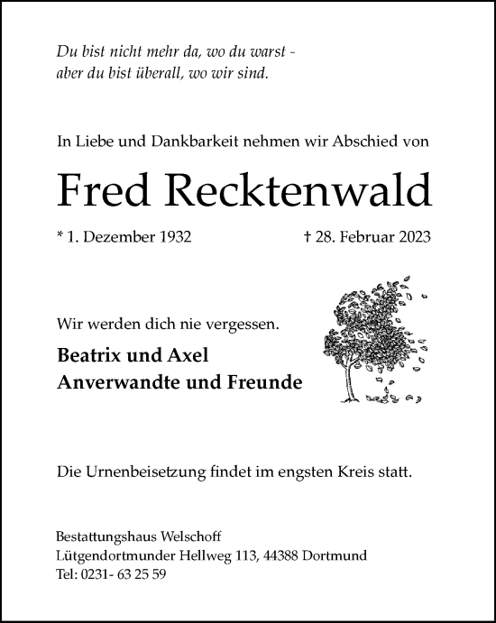 Traueranzeige von Fred Recktenwald von Tageszeitung