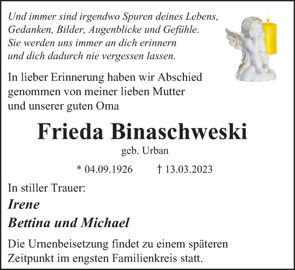  Traueranzeige für Frieda Binaschweski vom 18.03.2023 aus WVW Anzeigenblätter