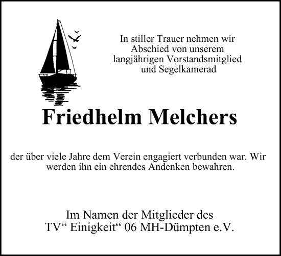 Traueranzeige von Friedhelm Melchers von WVW Anzeigenblätter