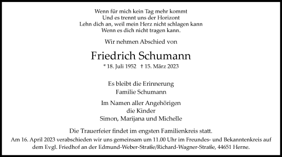 Traueranzeige von Friedrich Schumann von Tageszeitung
