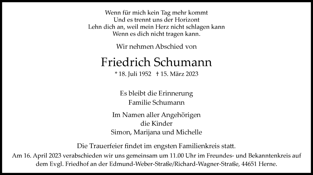  Traueranzeige für Friedrich Schumann vom 23.03.2023 aus Tageszeitung