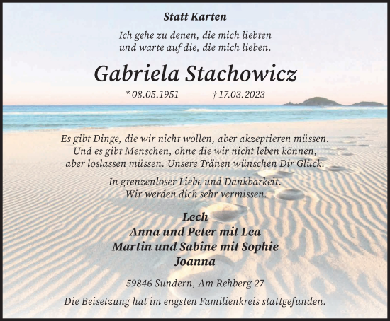 Traueranzeige von Gabriela Stachowicz von Tageszeitung