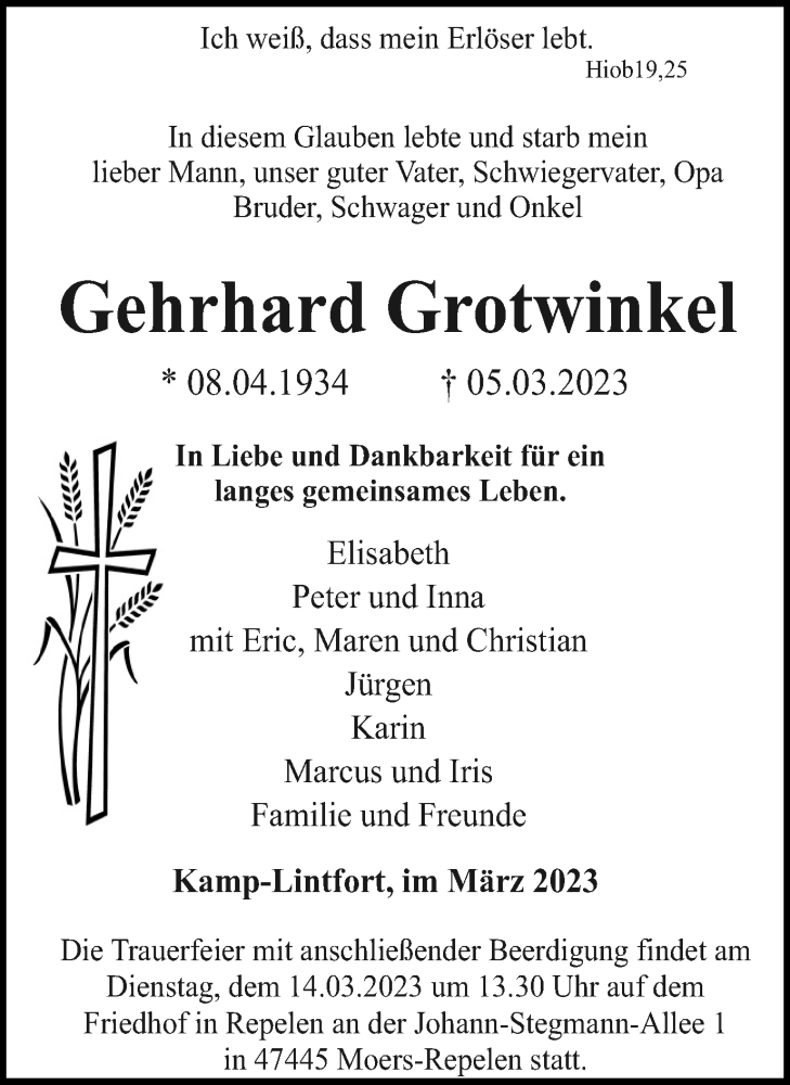  Traueranzeige für Gehrhard Grotwinkel vom 11.03.2023 aus Tageszeitung