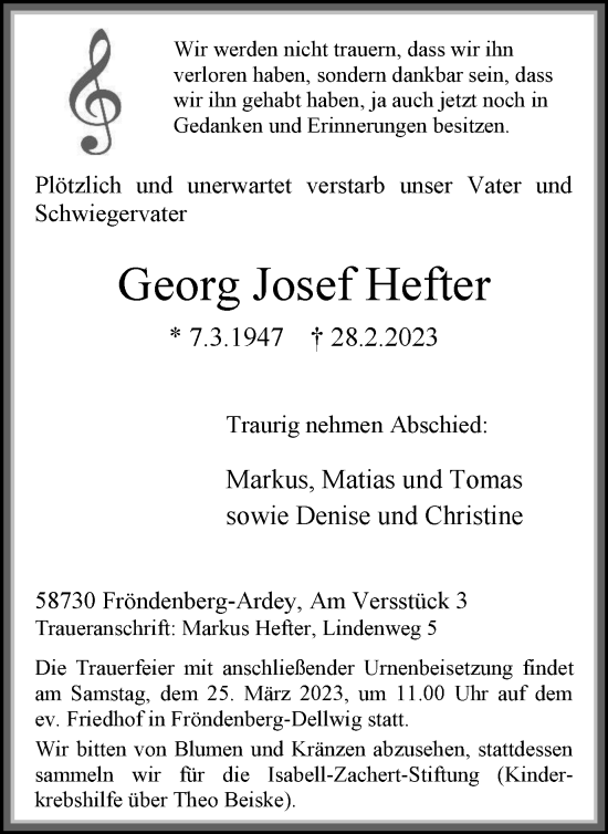 Traueranzeige von Georg Josef Hefter von WVW Anzeigenblätter