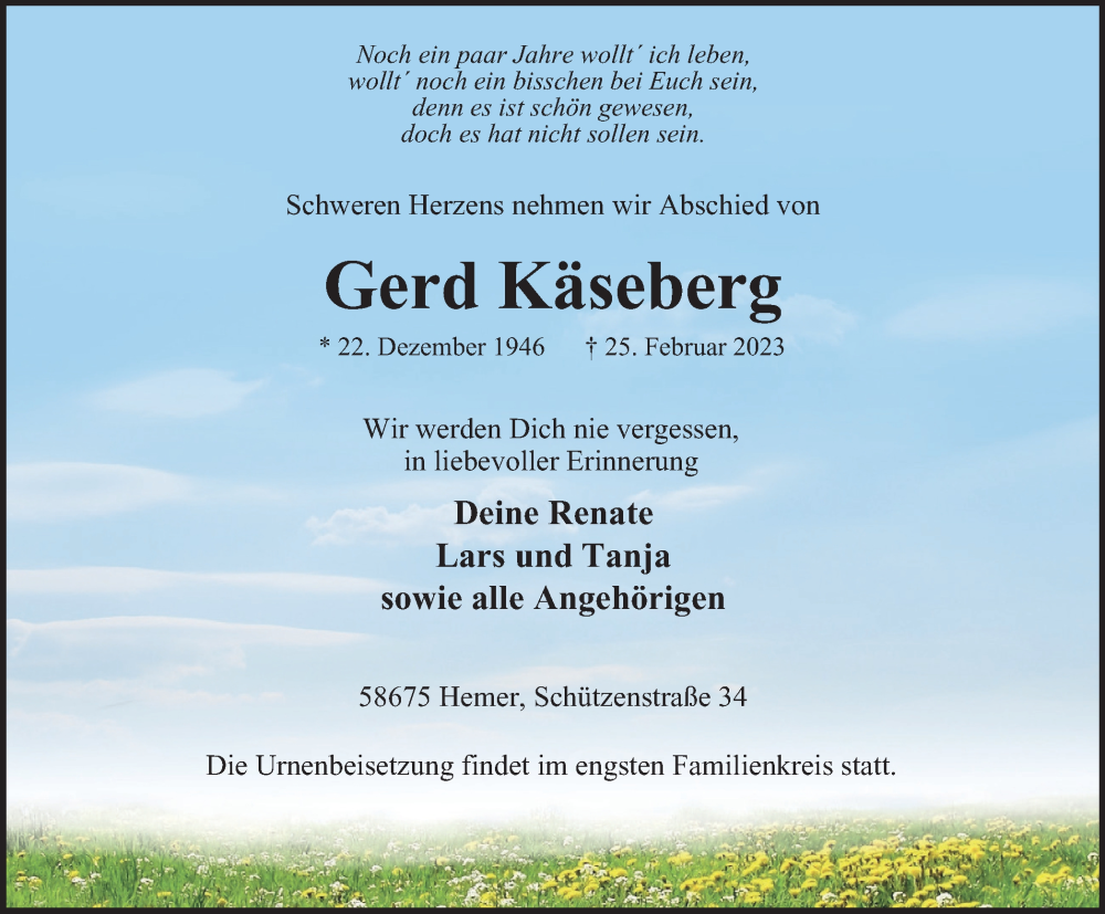  Traueranzeige für Gerd Käseberg vom 11.03.2023 aus Tageszeitung
