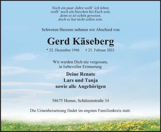 Traueranzeige von Gerd Käseberg von Tageszeitung