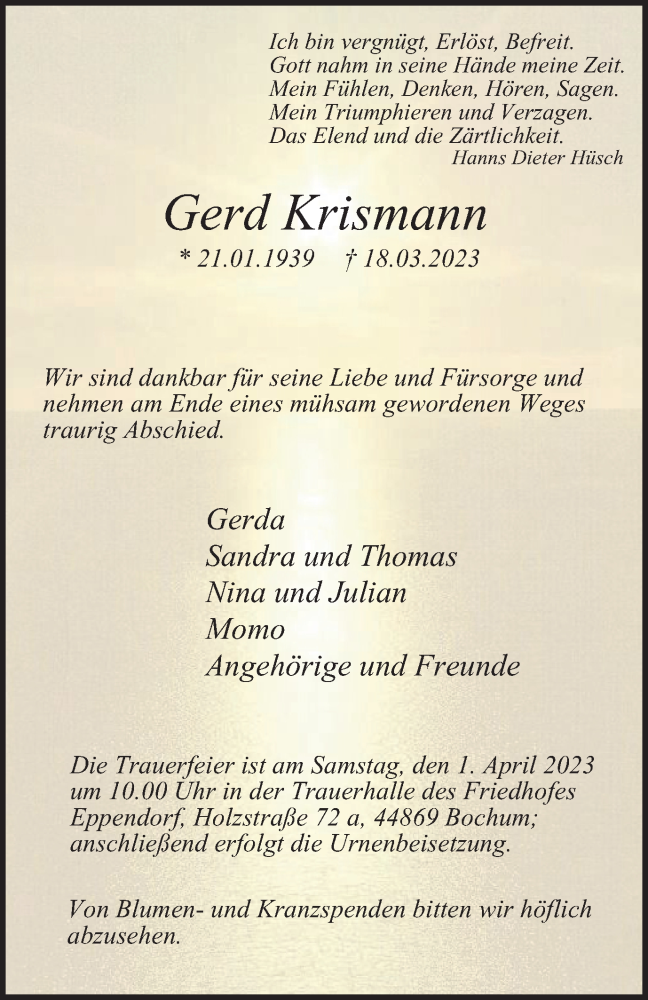  Traueranzeige für Gerd Krismann vom 25.03.2023 aus Tageszeitung