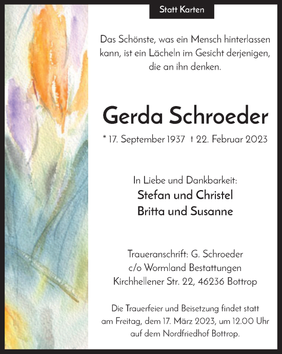 Traueranzeige von Gerda Schroeder von WVW Anzeigenblätter