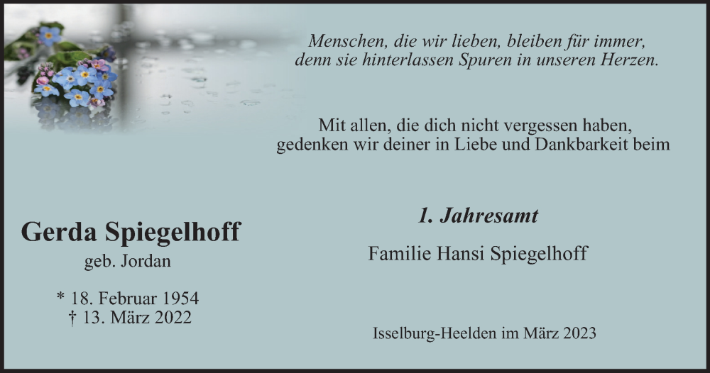  Traueranzeige für Gerda Spiegelhoff vom 18.03.2023 aus Tageszeitung