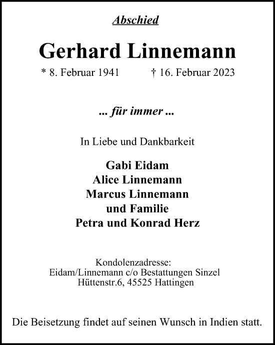 Traueranzeige von Gerhard Linnemann von WVW Anzeigenblätter