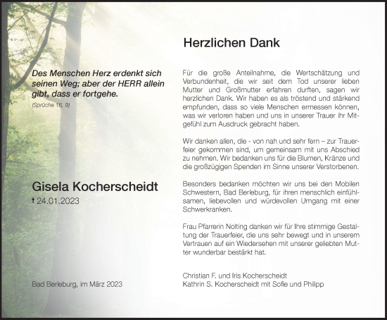 Traueranzeige von Gisela Kocherscheidt von Tageszeitung