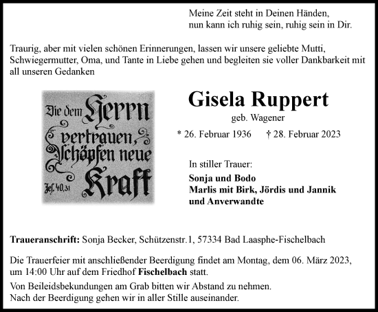 Traueranzeige von Gisela Ruppert von Tageszeitung