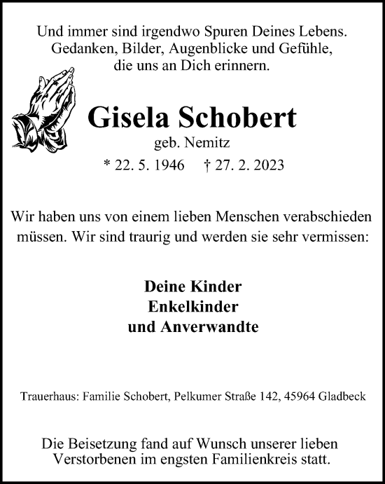 Traueranzeige von Gisela Schobert von Tageszeitung
