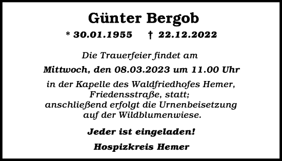 Traueranzeige von Günter Bergob von Tageszeitung