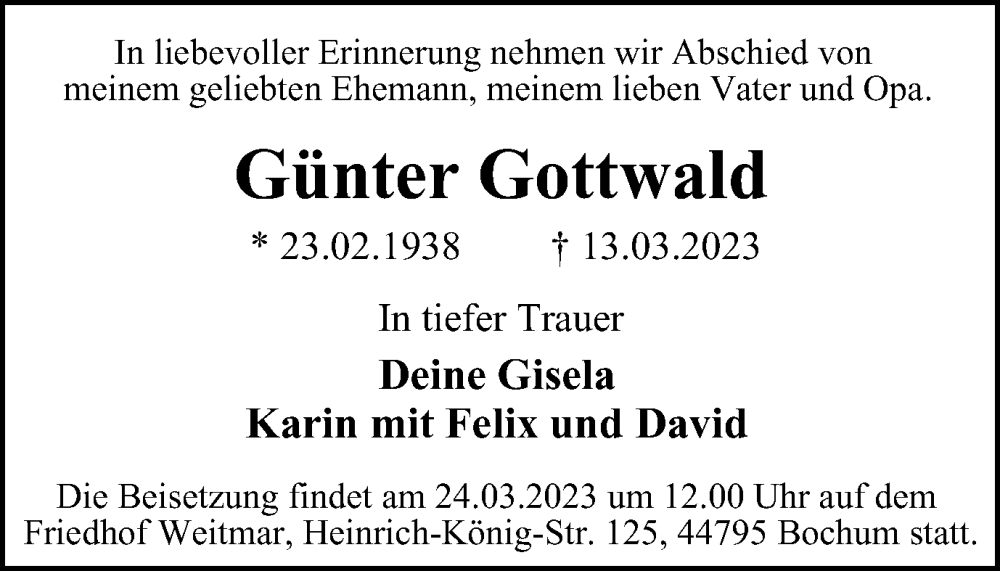  Traueranzeige für Günter Gottwald vom 18.03.2023 aus WVW Anzeigenblätter