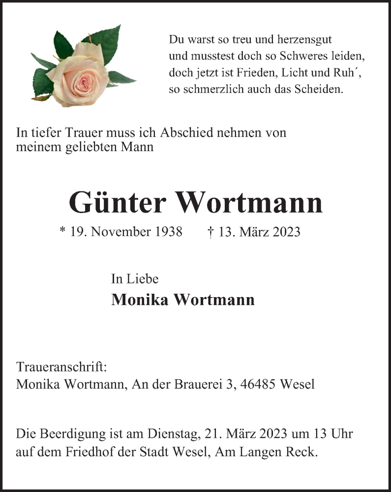 Traueranzeige für Günter Wortmann vom 18.03.2023 aus WVW Anzeigenblätter