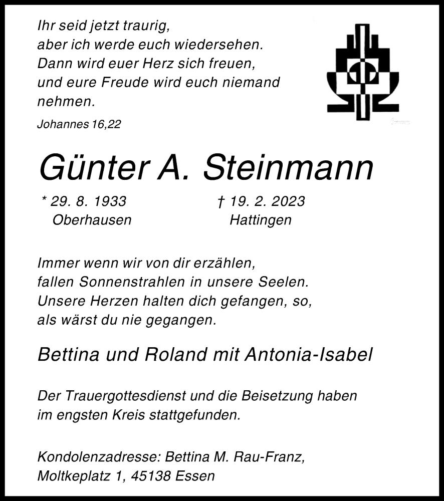  Traueranzeige für Günter A. Steinmann vom 04.03.2023 aus Tageszeitung
