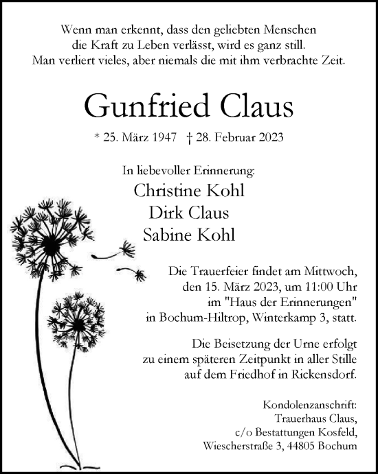 Traueranzeige von Gunfried Claus von WVW Anzeigenblätter