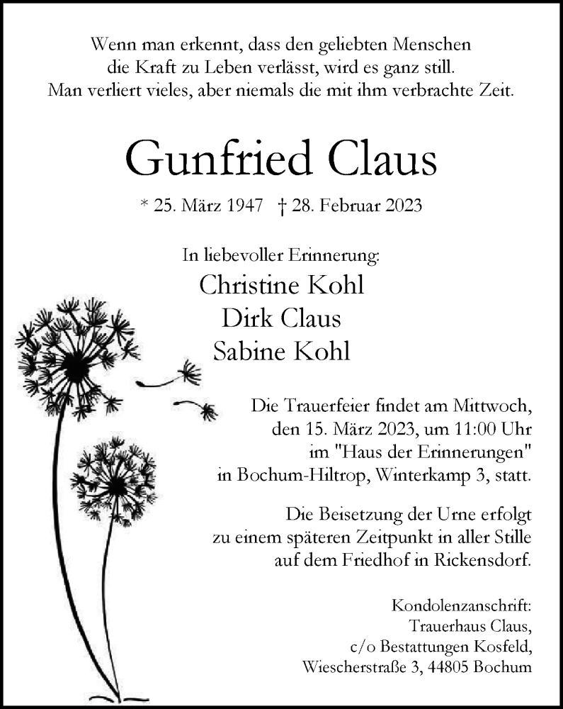  Traueranzeige für Gunfried Claus vom 11.03.2023 aus WVW Anzeigenblätter
