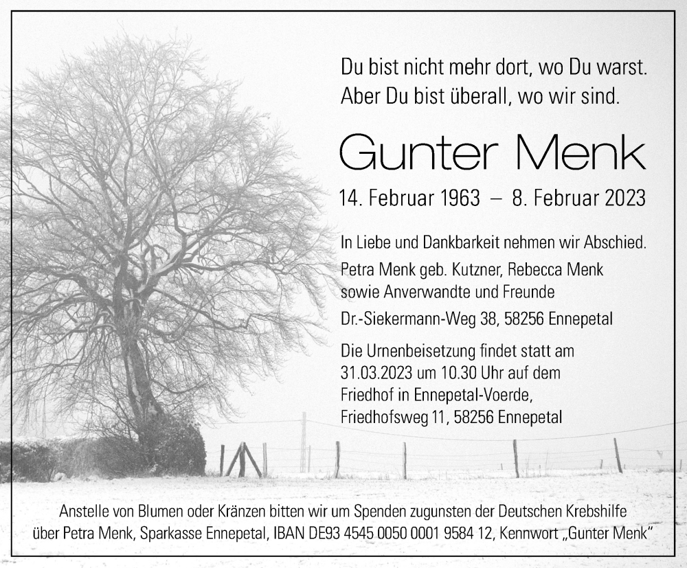  Traueranzeige für Gunter Menk vom 25.03.2023 aus Tageszeitung