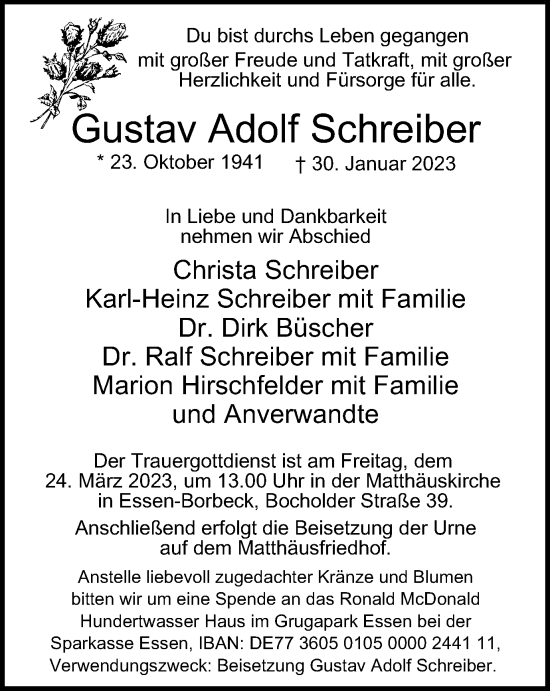 Traueranzeige von Gustav Adolf Schreiber von Tageszeitung