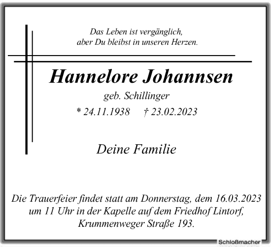 Traueranzeige von Hannelore Johannsen von WVW Anzeigenblätter