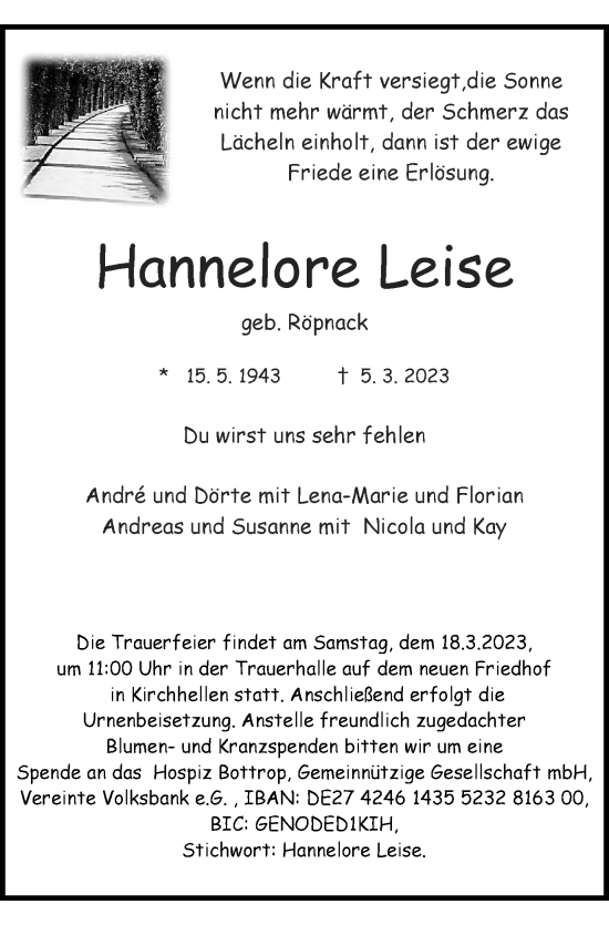 Traueranzeige von Hannelore Leise von WVW Anzeigenblätter