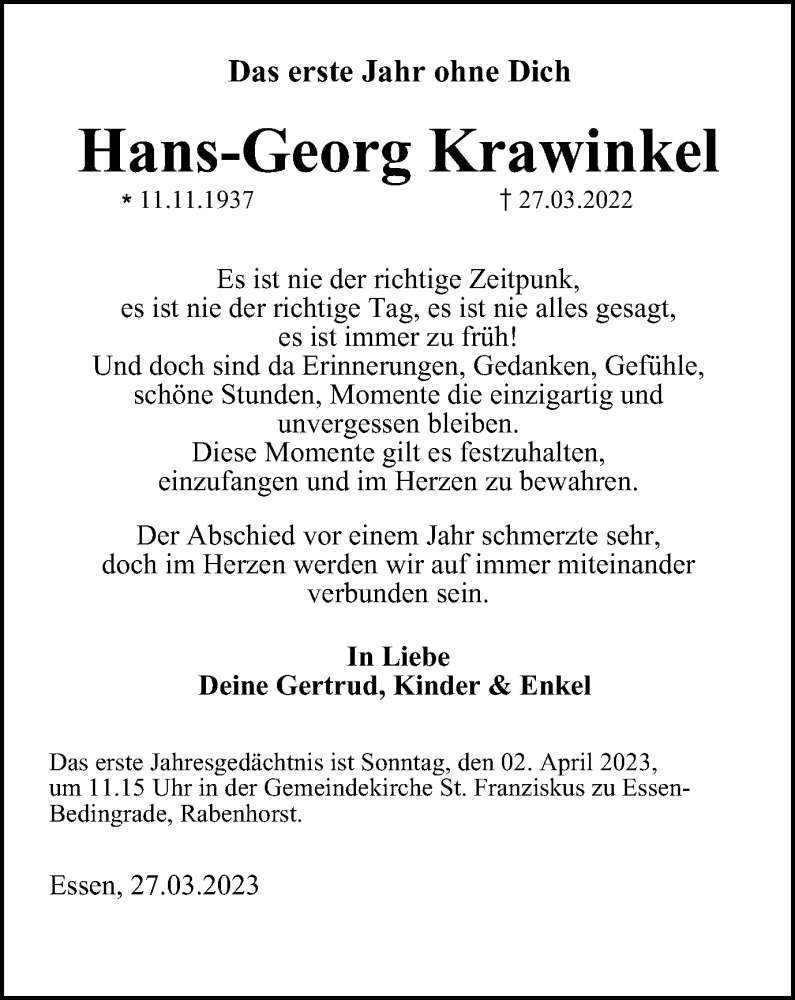  Traueranzeige für Hans-Georg Krawinkel vom 27.03.2023 aus Tageszeitung