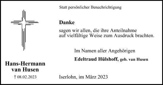 Traueranzeige von Hans-Hermann van Husen von Tageszeitung